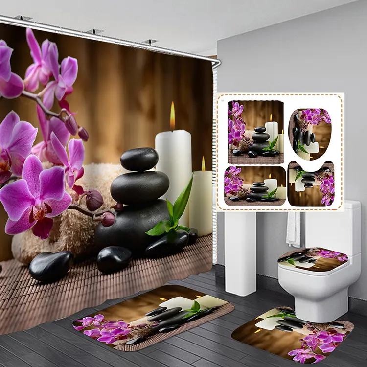 Asian Zen Bathroom Curtain Flower Orchid Stone Organic Bamboo Water SPA Design Shower Curtain