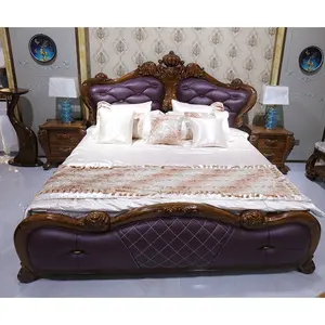 Yüksek kalite avrupa lüks kral yatak İtalyan deri döşemeli katı ahşap güçlü orijinal oyma ile yatak odası mobilyası