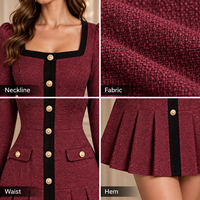 Robe Courte Formelle en Tweed pour Femme avec Bordure Contrastante, Boutons Décoratifs, Col Carré et Manches Longues, Jupe Plissée – Vente en Gros