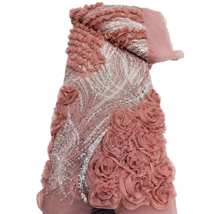 قماش دانتيل جديد من NI.AI بتطريز زهور، نسيج شبكي مخطط مع ترتر لامع، قماش دانتيل مزين باللؤلؤ والخرز - Product Image 1