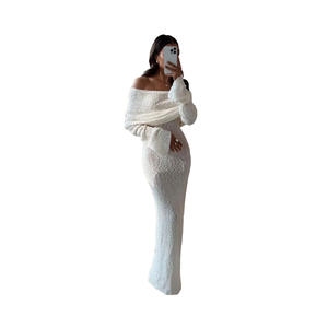 <span class=keywords><strong>Robe</strong></span> <span class=keywords><strong>longue</strong></span> en maille ajourée à épaules dénudées pour femme, sexy, unie, taille empire, manches longues, idéale pour les fêtes de vacances et la plage, longueur ras du sol - Product Image 4