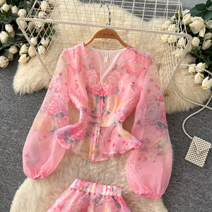 Vestidos de Mujer, Vestido Floral Estilo Francés para Vacaciones, Cuello en V, Manga Larga, Cintura Ajustada, Línea A, Vestido Plisado Elegante, Moderno y Casual para Mujer - Product Image 3