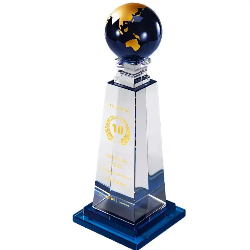 Custom logos decorated Blue Earth Crystal Trophy with crystal base craft Transparent blank World Championship trophy with globe