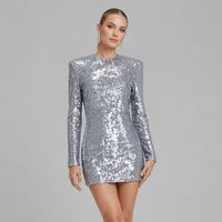 Robe Mini Moulante Femme Été Bleu Argenté Pailleté Taille Haute Manches Longues Épaulettes Soirée Formelle Fermeture Éclair au Dos