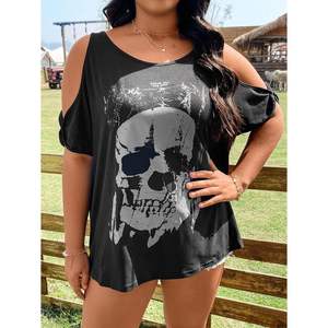 Camiseta de Manga Corta con Estampado de Calavera para Mujer, Talla Grande, Hombros Descubiertos, Transpirable, Informal, para Verano - Product Image 4