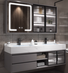 Mobile <span class=keywords><strong>Bagno</strong></span> Moderno Semplice con Doppio Lavabo, Specchio LED, Top in Ceramica Effetto Marmo Resistente all'Acqua - Product Image 3