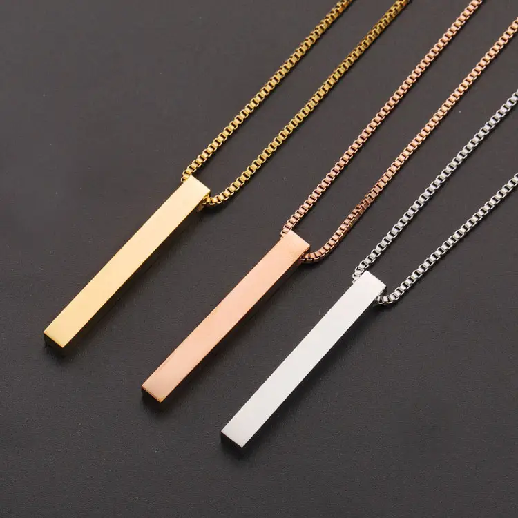 SC Custom Engraved Logo Name Necklace Couple Necklace High Polished Minimalist Stainless Steel Cuboid Thin Bar Pendant Necklace