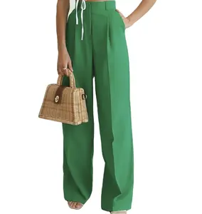 Fashion Lady Office Pants Women High Waist Floor Length Palazzo Trousers With Pocket Pleated Elegant Wide Leg Pants