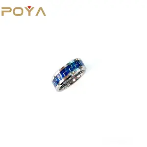 POYA 8mm Silver Tungsten Ring Blauw Carbon Fiber Inlay Wedding Band Ringen