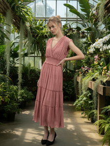 Vestido elegante sin mangas con cuello en V, volantes escalonados y encaje de malla - Product Image 2