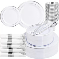 Ensemble de vaisselle moderne haut de gamme pour fête, assiettes en plastique avec bordure argentée et or rose, gobelets, couteaux, fourchettes, cuillères, vaisselle jetable, modèle 021 en stock