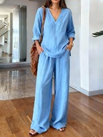 RO825-4 Vêtements islamiques d'automne, col en V, respirant, manches longues, pantalon ample, tenue modeste pour femmes, couleur bonbon, ensemble de 2 pièces décontracté