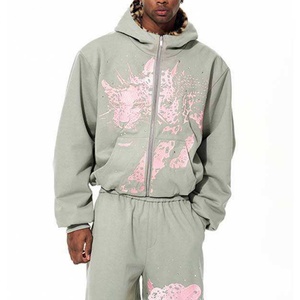 Custom Autumn Y2k Stacked Flare Sweatpants Cropped Zip-Up Hoodie Baggy Streetwear <b>Animal</b> Print Leopard Lined Sets - Product Image 2
