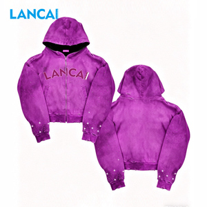 Sweat à capuche zippé pour hommes, personnalisé par les fabricants, style streetwear oversize, délavé à l'acide, effet vieilli, avec strass - Product Image 4