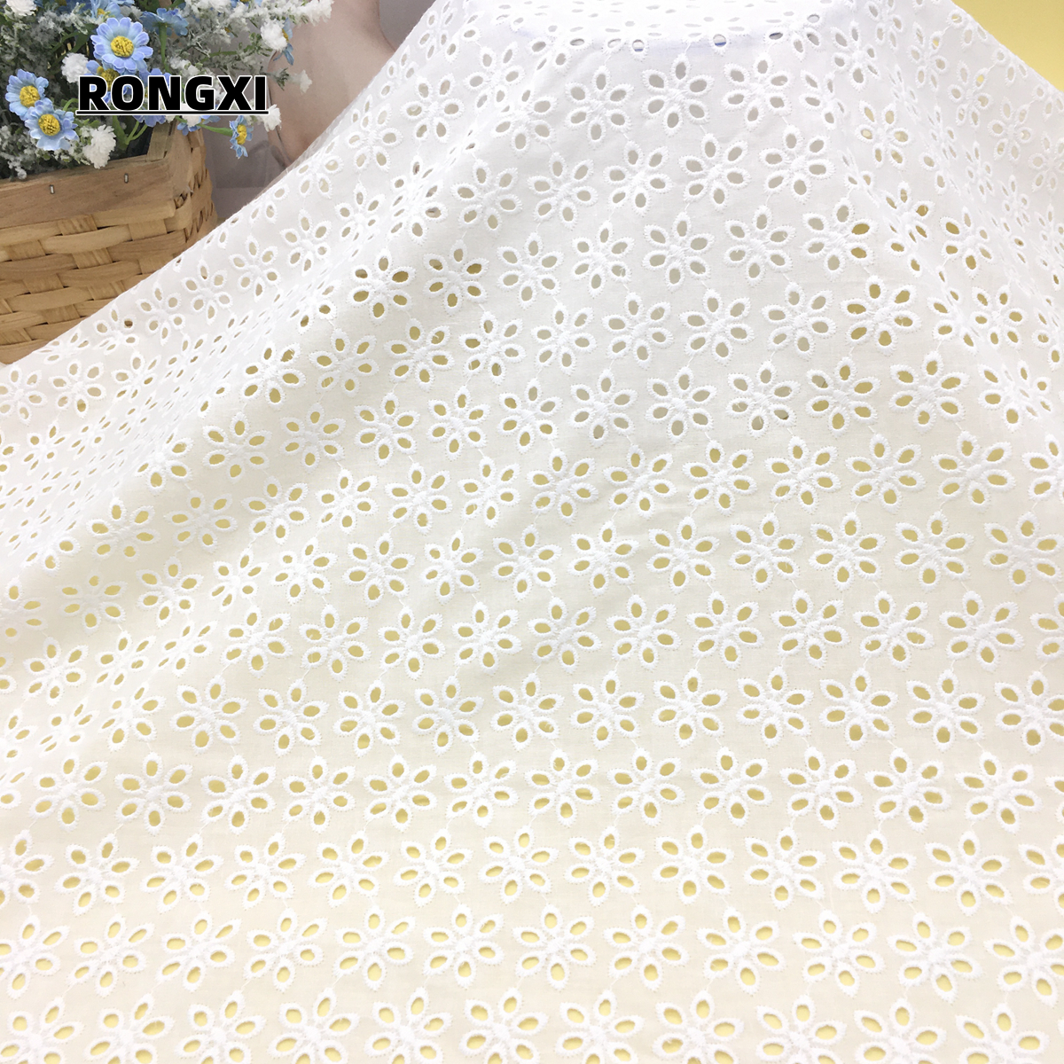 Custom Wholesale Price CRF0576 100% Cotton Curtains Linen Small Flowers Eyelet Net Lace Embroidery Fabric for Upholstery
