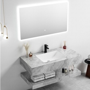 Mueble de Baño Flotante de Mármol Gris CR con Espejo LED y Lavabo Integrado - Product Image 1