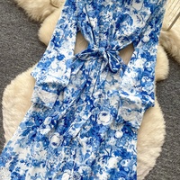 Robe décontractée pour femme, bleu et blanc, imprimé floral, avec dentelle, manches longues, col chemise, coupe trapèze, avec ceinture à nouer à la taille, pour le quotidien