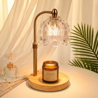 Lampe chauffe-bougie en verre transparent en forme de tulipe avec base en bois massif, réglable et sans flamme, pour bougies parfumées – Idée cadeau