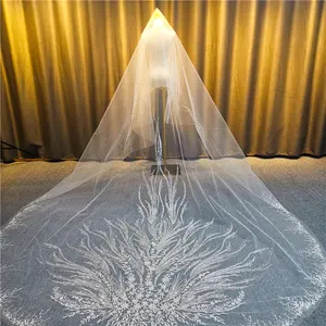 Factory Wholesale Online Korean Luxury Style Beaded Sequin Floral Leaf Patterned Long Wedding Veil For Bridal