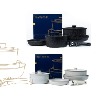 Modern <b>Ceramic</b> Marble Coated Pot <b>Pan</b> Glass Lids Bakelite Handles Non-Stick Aluminum Cookware Set Gas Induction Ready 6-Piece - Product Image 3