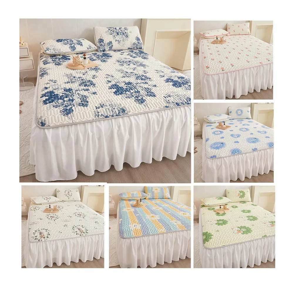 Summer Ice Printing Bedspread Coverlet Bed Cover Three-piece Natural Latex Foam Sheet Bed Skirt