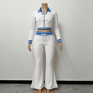 Completo da donna 2 pezzi streetwear con logo personalizzato, giacca corta con zip a blocchi di colore a righe e pantaloni svasati con coulisse, tuta sportiva per ragazze alte - Product Image 4