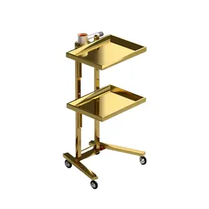 Portable gold folding trolley beauty salon stainless steel 2 tray 4 universal wheels rolling
