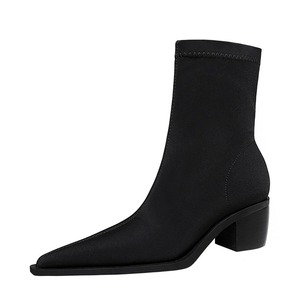 Fashionable Zip up Pointed-Toe Stretch Sexy Ankle Boots with Thick <b>Block</b> Heels for Slimming Effect & Comfort - Product Image 3