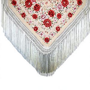 Mantón de Manila Beige Multicolor Bordado a Mano de Pura Seda para Flamenco Español 100% Pura Seda - Product Image 4