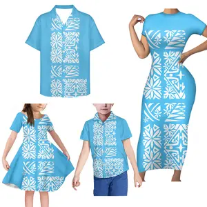 Wholesale Family Set Parent-child Custom Pattern Samoan Design Short Sleeve Bodycon Maxi Dress Family Matching Dresses