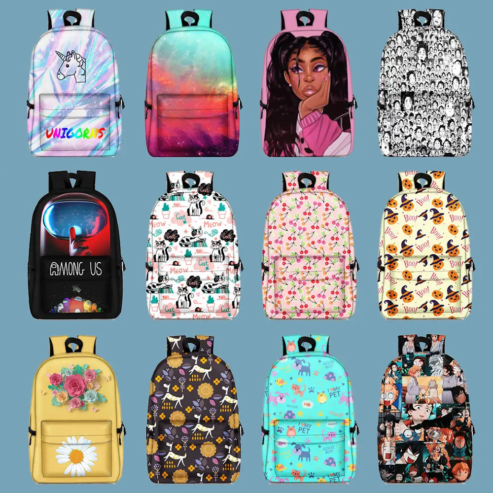 Free sample big sublimation 3d print back pack full all over printed book bags custom backpack with logo