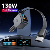 Cargador de Coche Retráctil, Cargador de Teléfono para Coche de 130W con Cable de Carga Rápida, Adaptador de Cargador de Coche USB C para iPhone Serie Galaxy