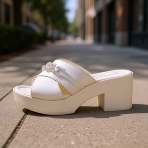 Mules à plateforme blanches avec talon épais et détails en strass pour femmes - Product Image 3