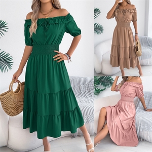 Vestido Largo Casual de Estilo Europeo y Americano para Primavera/Verano 2026, con Hombros Descubiertos, Volantes, Manga Corta, Cintura Ajustada y Plisada para <span class=keywords><strong>Mujer</strong></span> - Product Image 2