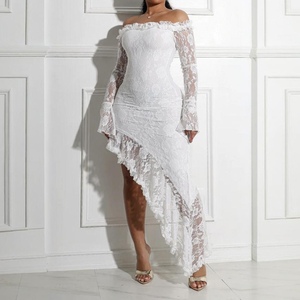 Nouvelles robes asymétriques unies à épaules tombantes et fente latérale en dentelle pour femmes – Tendance - Product Image 4