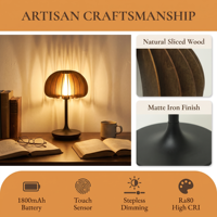 Lampe de chevet LED sans fil en forme de citrouille nordique en bois avec base métallique, batterie 1800 mAh et capteur tactile pour salon et intérieur