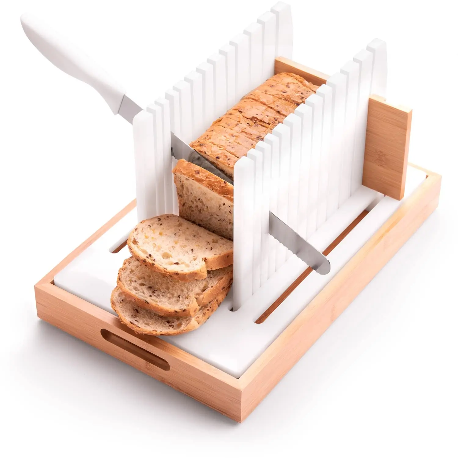 Rebanadora de pan de bambú para el hogar con cuchillo largo y bandeja para migas Compatible con cortador de tostadas Máquina cortadora de pan para el hogar ajustable