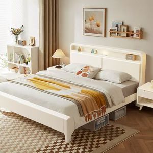 Modern Minimalist Wooden <b>Bed</b> 1.8m <b>White</b> Cream <b>Double</b> Size Nordic Style Frame Design For Master Bedroom And Small Apartments - Product Image 2