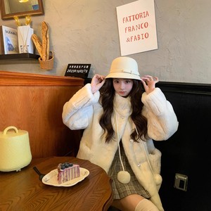 Faux Rabbit Fur Mid Length Coat Coconut Milk White Khaki Warm Autumn Winter Women's Outerwear - Product Image 4