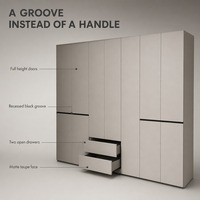 Armoire minimaliste finition taupe mat, poignée noire à rainures, porte à charnières avec 2 tiroirs, dressing moderne pour chambre à coucher, sur mesure