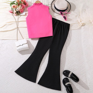 Completo estivo alla moda per ragazze: top elegante senza maniche in pizzo e <span class=keywords><strong>pantaloni</strong></span> a zampa geometrici, due pezzi per bambine più grandi - Product Image 3