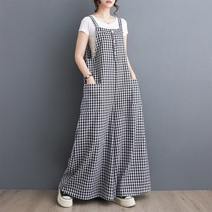 Y2180 nuova tuta a scacchi retrò da donna con vestibilità ampia e Slim, pantaloni a gamba larga, tuta oversize in cotone e lino - Product Image 2