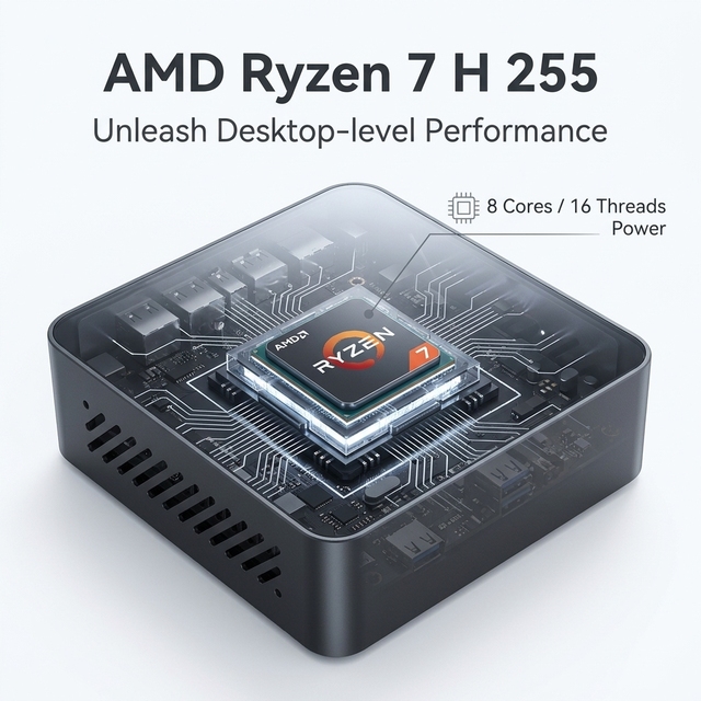 Claw AI Mini PC With AMD Ryzen 7 H 255 CPU Mini Computer 16GB DDR5 1TB PCIe SSD Desktop Mini PC Suitable for Business Office Use