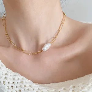 Imitazione barocca perla graffetta collane donna moda gioielli in acciaio inox bijoux en acier inoxydable vente en gros