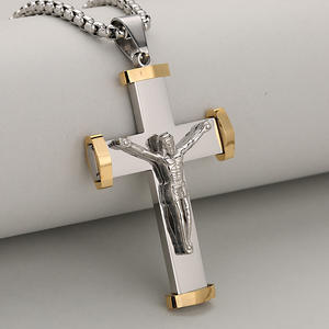 Collar con colgante de moda de acero inoxidable para hombre, cadena de plata chapada en oro, Cruz grabada para aniversarios religiosos cristianos - Product Image 2