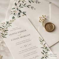Cartes d'invitation de mariage personnalisées, design floral minimaliste, eucalyptus et feuilles frais, finition mate et impression personnalisée