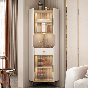 Meuble d'angle moderne avec vitrine haute et étroite, porte en verre, éclairage LED et tiroir, buffet d'angle de luxe - Product Image 2