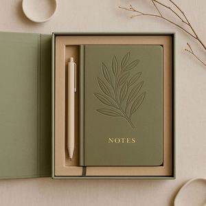 Olive Green Notebook Gift Set Debossed Leaf Design Minimalist PU Leather Journal and Beige <b>Pen</b> in Gift Box - Product Image 1