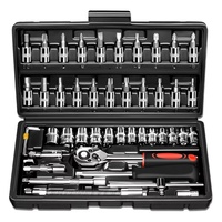 Juego de Llaves de Trinquete de 46 Piezas con Enchufe de 1/4 de Pulgada, Juego de Llaves de Tubo Métricas, Barra de Extensión, Herramientas Manuales, Estuche, Juego de Herramientas para Reparación de Automóviles
