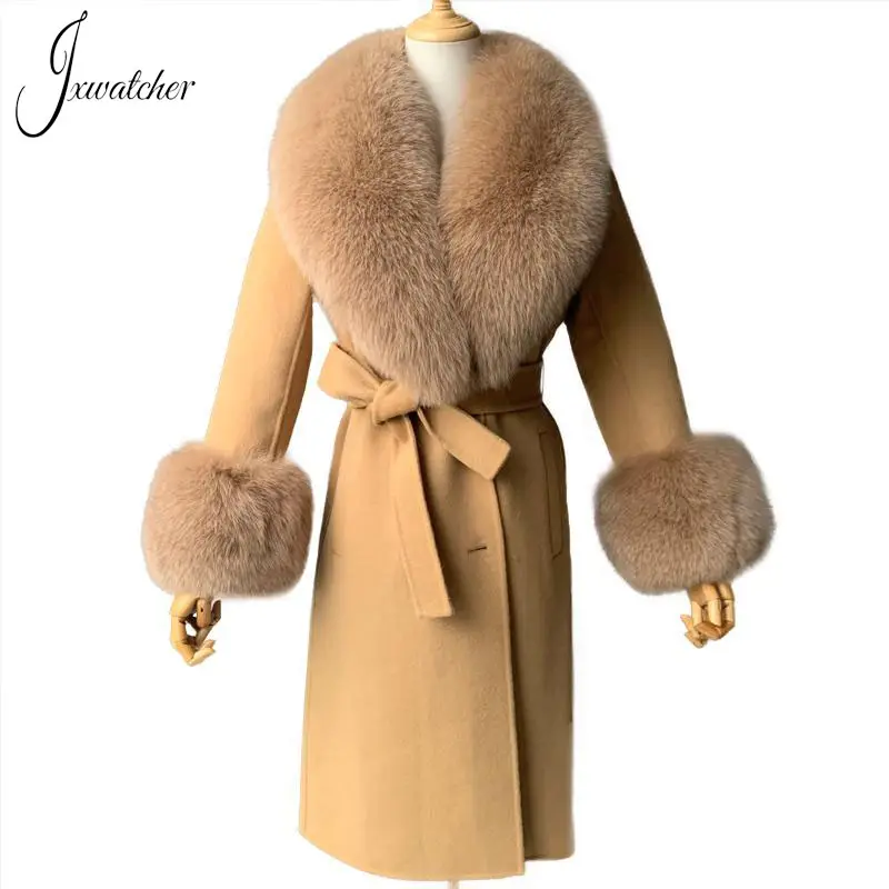 Casaco de caxemira longo feminino, casaco de lã longo com gola de pele de mongolia, feito à mão, cinto